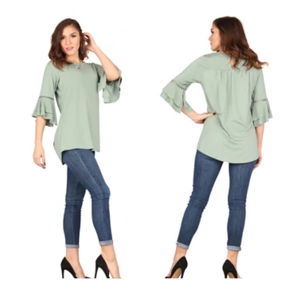 LIDLY WOMENS CROCHET ACCENT BELL SLEEVE KEYHOLE BACK TUNIC SAGE SZ LG